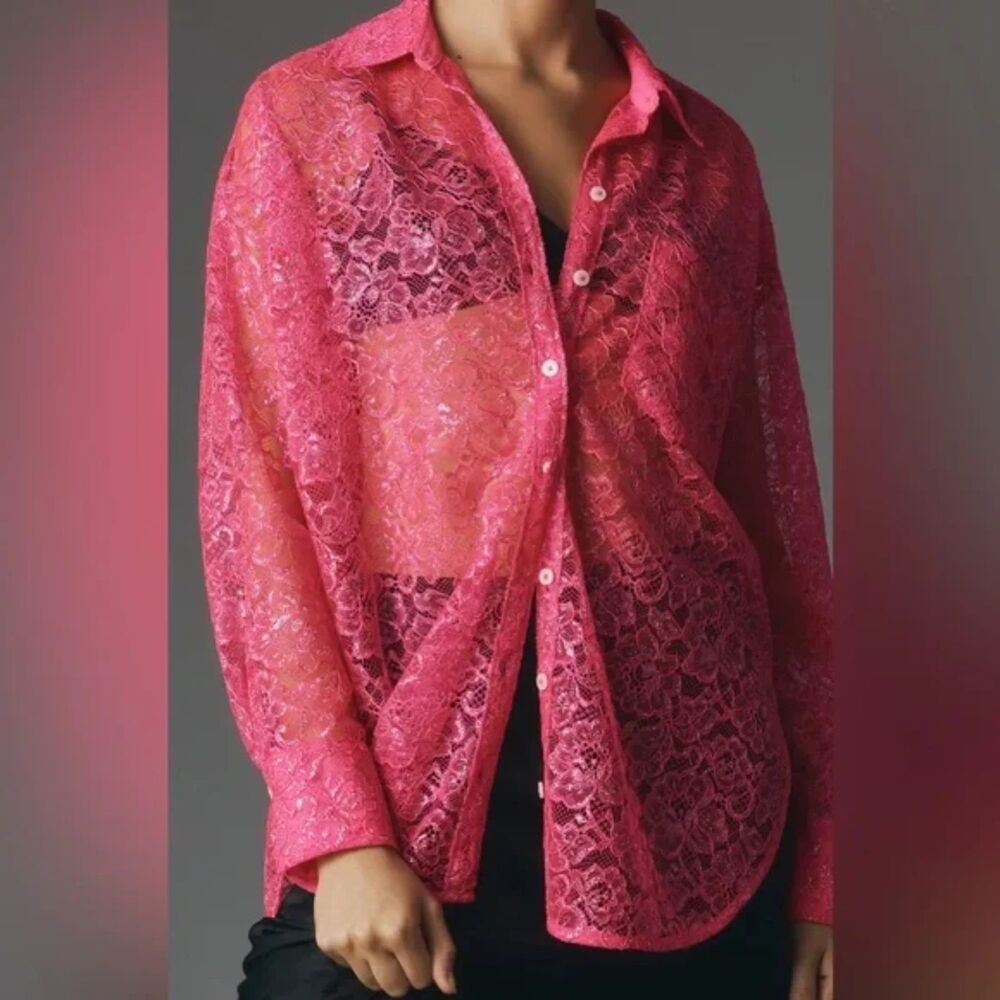 NWT Anthropologie Metallic Lace Button Down Shirt Pink Sheer Size S